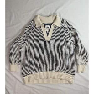 Aerie Sugar Rush Chenille Knit V Neck Collar Pullover Sweater Blue White Medium